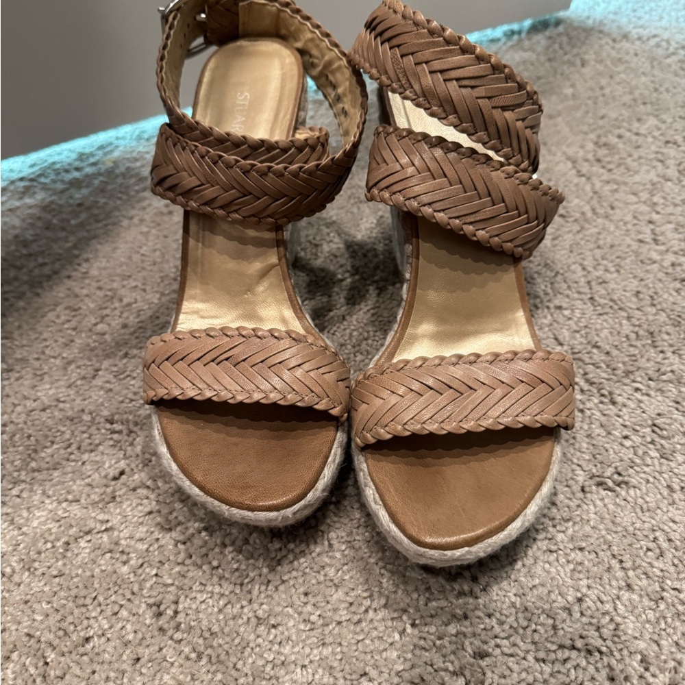 Stuart Weitzman Brown Braided Espadrille Wedge Sandals